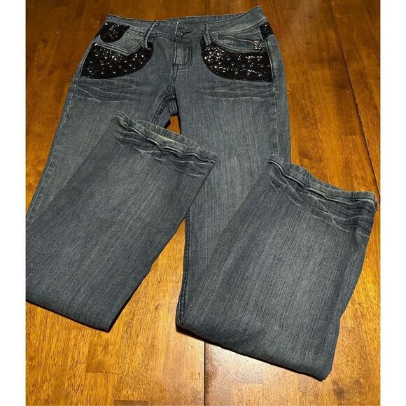 Vtg Y2K House of Dereon Beyoncé Womens Mid Rise Flare Embellished Jeans Size 7/8 - Picture 1 of 15